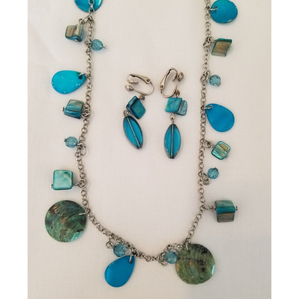 Blue and Silver-tone Necklace 34" Chain w/clip On Earrings Set